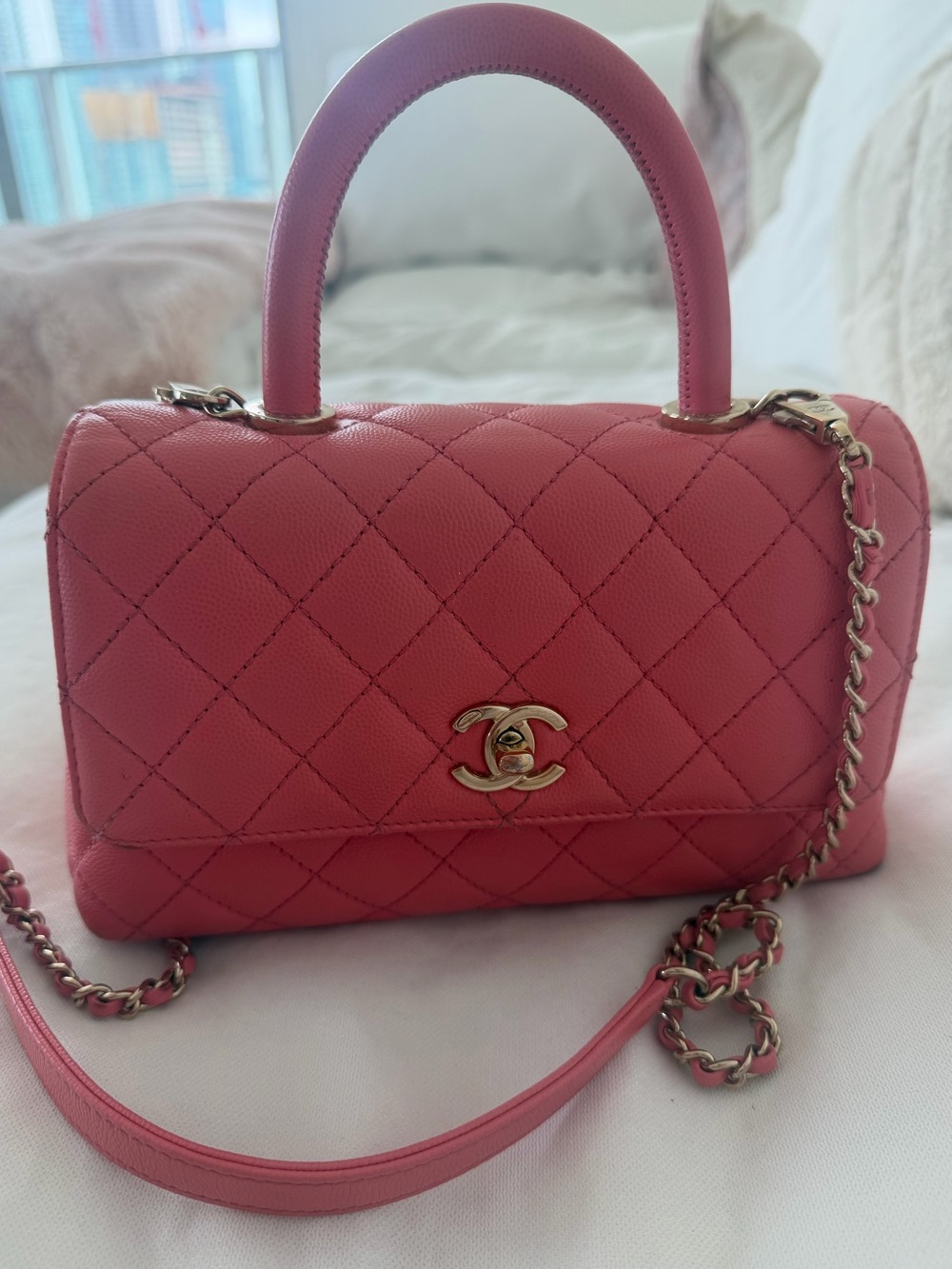 CHANEL Pink Quilted Satchel with Gold-Tone Chain
